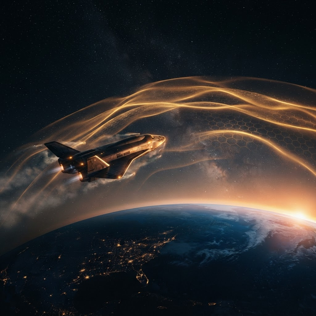 Layered luminous aether field curving over the Earth at high altitude