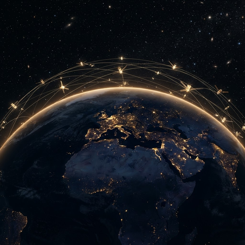 Earth from orbit with amber city lights and orbital trajectories